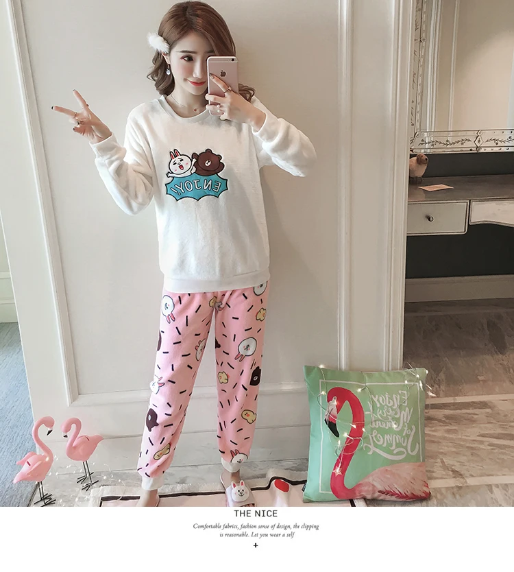 Sleepwear women winter Pajama Sets for Female Soft Thick Cute Cartoon Flannel Sleepwear Tops+Warm Pants Home Clothes Mujer 2pcs