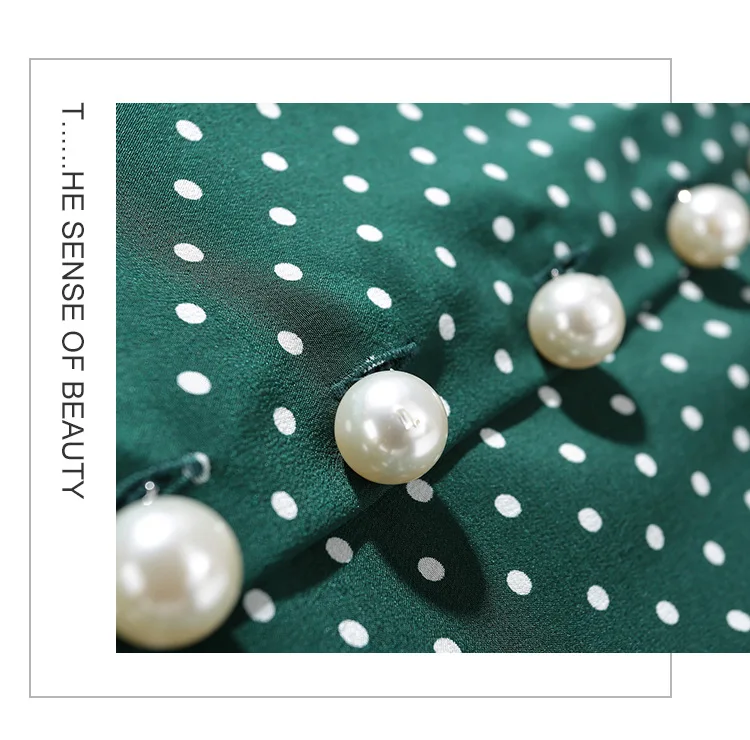 Весна дизайн Polk Dot Print Элегантные зеленые платья из натурального шелка повседневные большие качели трапециевидные роскошные женские платья