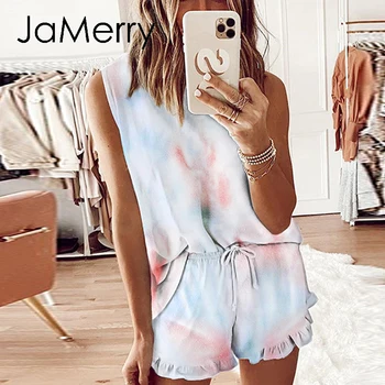 

JaMerry Casual womens tracksuit loose sportswear Tie-dye household clothing Spring summer sleeveless ladies ruffle suits 2020