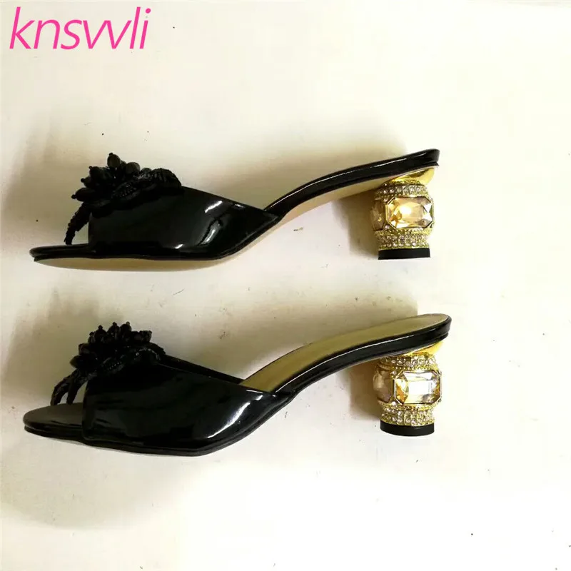 

Knsvvli Crystal Studded High Heels Slippers Women Patent Leather string beads Summer Shoes Strange Style heel Mules Shoes Women