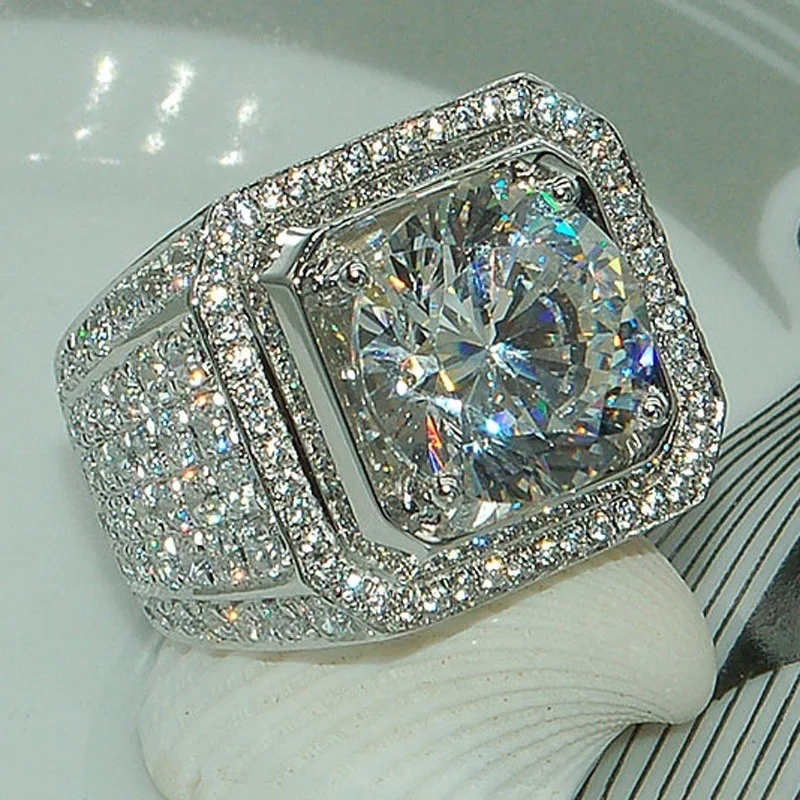 

Hip hop Silver Color Rings Mens Filled Shining AAA Cubic Zircon Bling Wedding Ring for Men Big Size Vintage Jewelry
