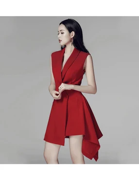 

High Quality Women Suit Dress 2020 New Spring Turn-down Collar Party Irregular Slim Tie Up Waist Solid Black Red Dresses