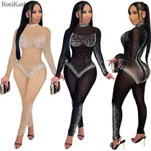 

Ronikasha Jumpsuits for Women Sexy Mesh Rhinestone Bodycon Long Sleeve Pants Romper