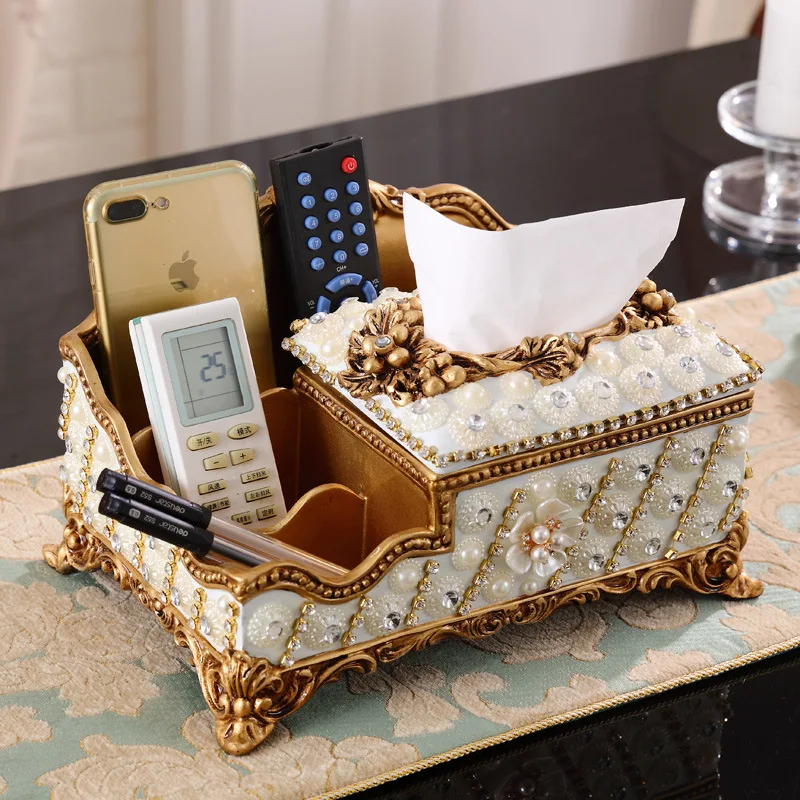 

European Style Multi-functional Large Size Tissue Box Household Luxury Living Room Desktop Remote Control Storage Box Napkin Box