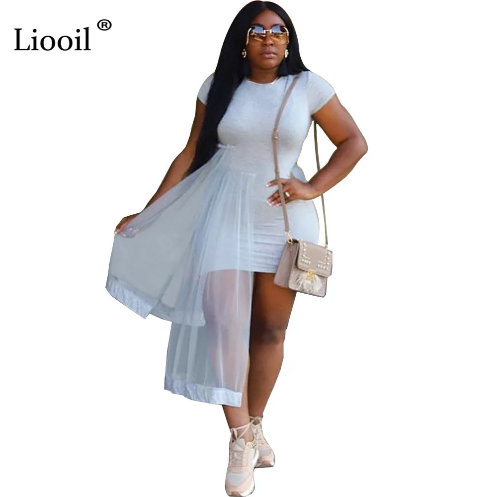 

Liooil Asymmetrical White Sexy Bodycon Midi Dress Women 2019 Patchwork O Neck Mesh Tight Fitted Dresses Woman Party Night Club