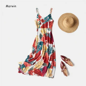 

Marwin 2020 Spring Summer Beach Style Sleeveless Spaghetti Strap Empire A-Line Ankle-Length Floral V-Neck Women Dresses