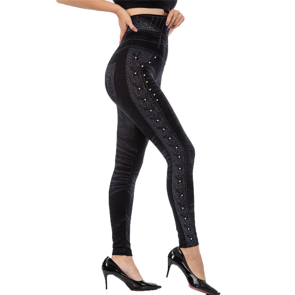 Plus Size 3XL High Waist Faux Denim Jean Leggings Slim Elastic Seamless Skinny Pencil Pant Female Workout Running Leggings lululemon align leggings