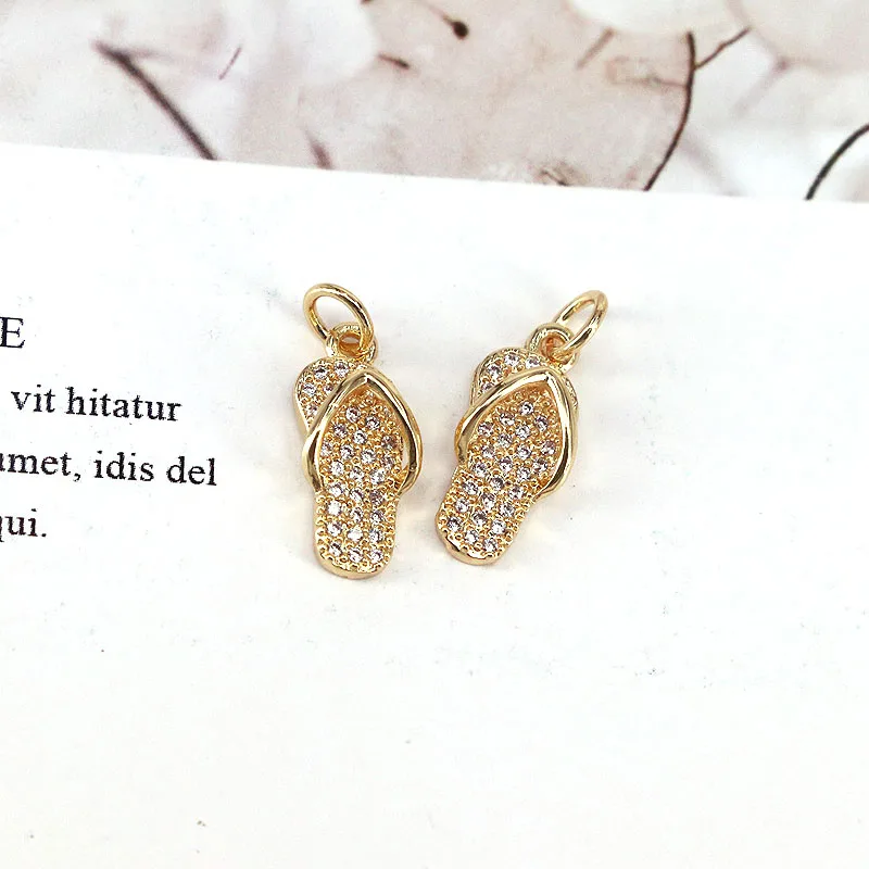 10Pcs Wholesale Slipper Hip Hop Pendant, Shiny Gold-color cz zircon Pendant, Enamel Slipper Charm Pendant DIY Jewelry Making