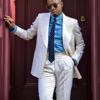 

Ivory Mens Wedding Suits 2020 Slim Fit Groom Wear Tuxedos Peaked Lapel 2Pcs (Jacket+Pants) Double Breasted Costume Hoome Blazer