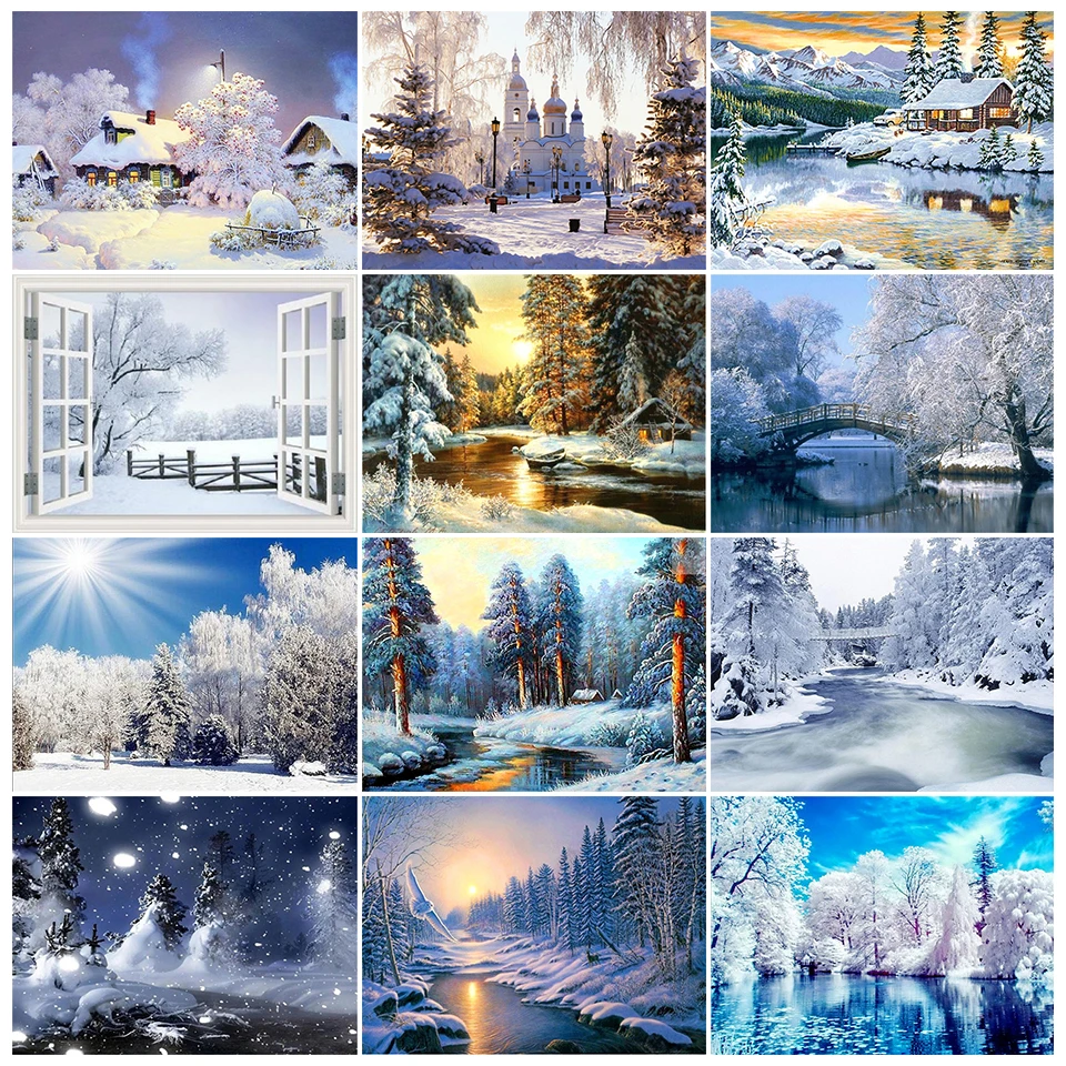 5D DIY Diamond Painting Winter Snow Scenery Rhinestone Picture Square Landscape Diamond Embroidery Mosaic Home Decoration Gifts