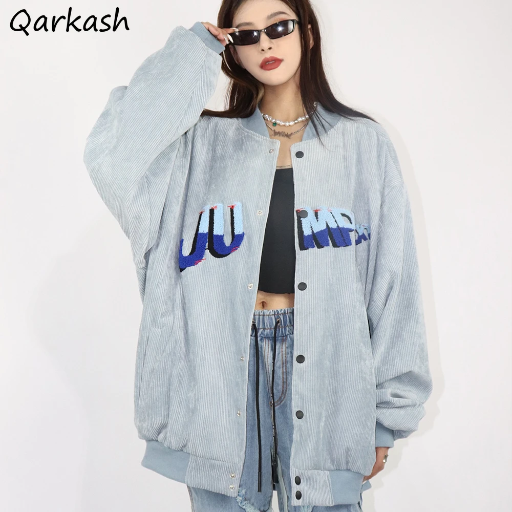 

Basic Jackets Women Embroidery Korean Style Chic Sweet Girls Drop-shoulder Loose BF Outerwear Corduroy Coats Warm High Quality