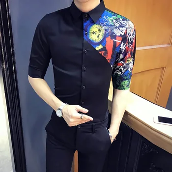 

Brand New Digital Print Men Shirt Half Sleeve Summer Fashion Patchwork Design Floral Shirts For Men Slim Fit Streetwear Tuxedo