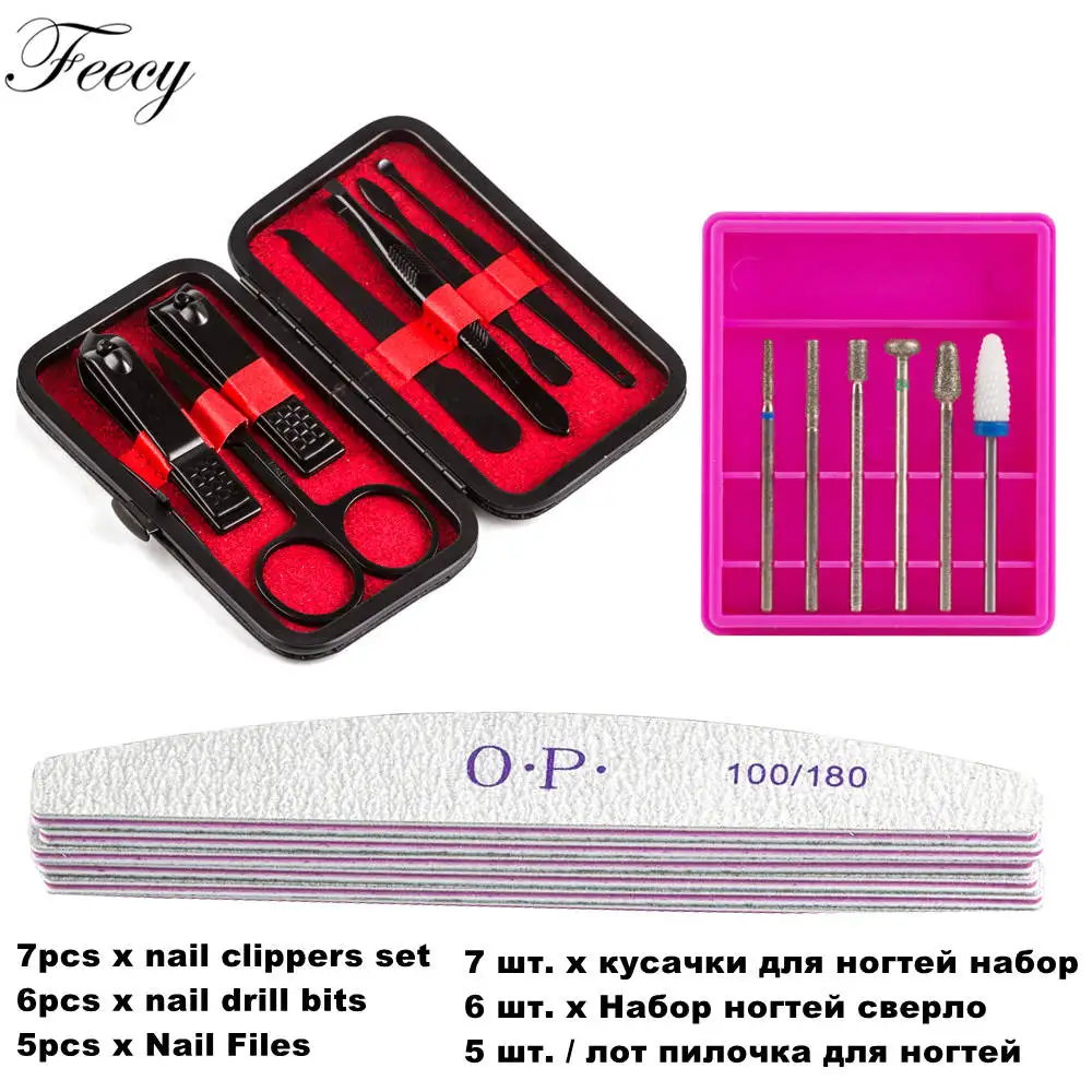 NC07 Red Set B Кусачки для ногтей из нержавеющей стали, ножницы для педикюра, пинцет, маникюрный набор, набор керамических фрез, 100/180 пилочка для ногтей, шлифовальный буфер - Цвет: NC07 Red Set B