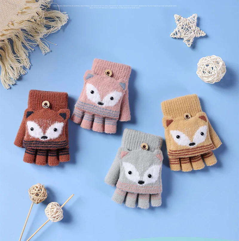 6-10 Years Old Boy Girl Fur Wool Knit Kid Soft Half Finger Flip Glove Children Winter Warm Cute Cartoon Fox Knit Mitten I89