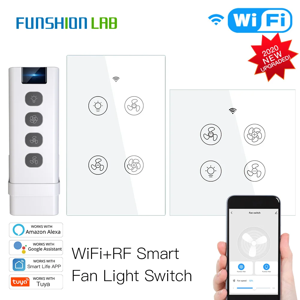 New WiFi RF Smart Ceiling Fan Light 2/3 Way Control Smart Life/Tuya APP RF Remote Speed Control Alexa Google Home Compatible