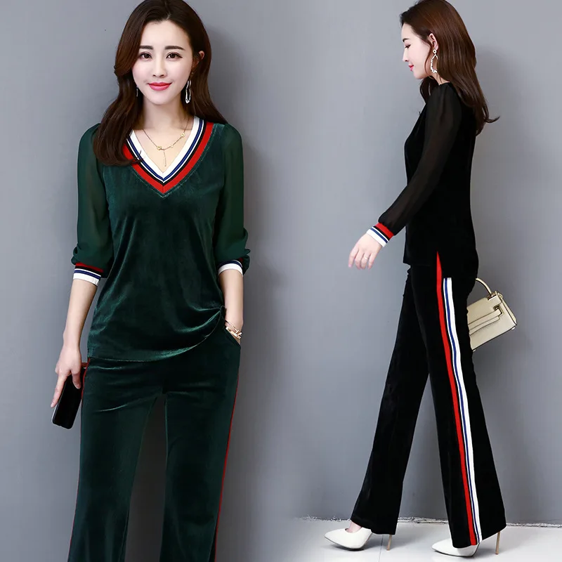 

Large Size Dress 2019 Autumn Clothing New Style Gold Velvet Joint Chiffon Sleeves Fashion Leisure Sports Suit