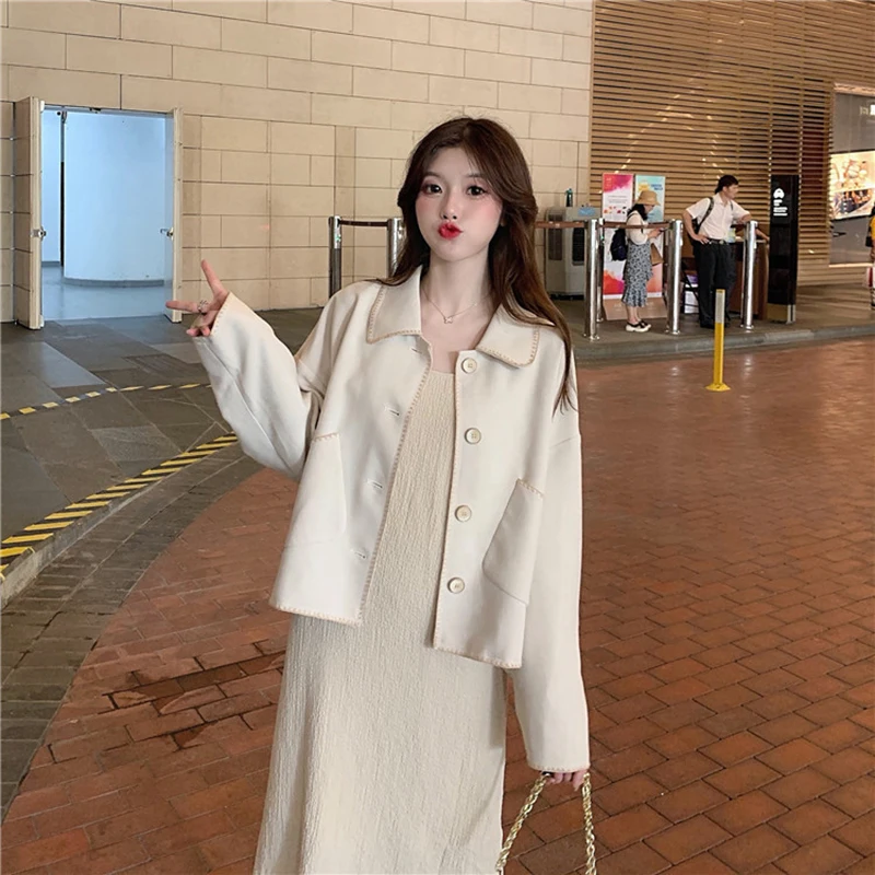 Wool Blends Women Solid Chic Single Breasted Pockets Kawaii Short Jacket Casual All-match Thick Coat Womens Elegant Woolen Coats