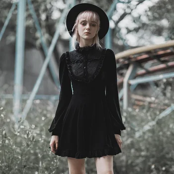 

PUNKRAVE Women's College Style Lace Patchwork Long Sleeve Dresses Gothic Ruffle Doll Collar Velvet High Waist Dress
