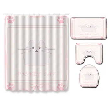 

4Pcs/Set Print Shower Custain Bath Toilet Set Waterproof Fabric Bathroom Mats Rugs with Hooks Cartoon Cat Star