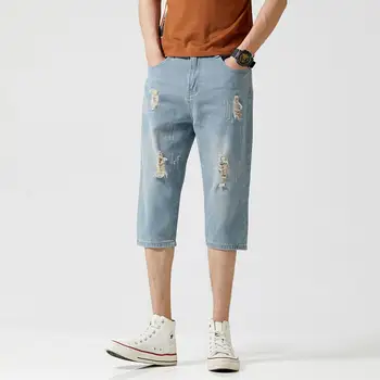 

Men's classic wash Denim Shorts Jeans Men Cotton Straight Jeans Male Blue Casual Short Jeans Streetwear Over knee length Shorts