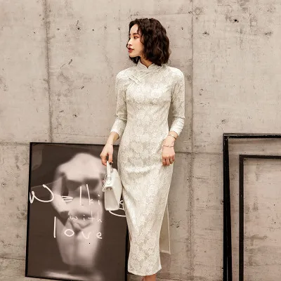 Sheng Коко белое кружевное платье Cheongsam платья тостов Костюмы ежегодная встреча платья с длинными рукавами платье Ципао в китайском Свадебная кружевная ткань - Цвет: white long qipao
