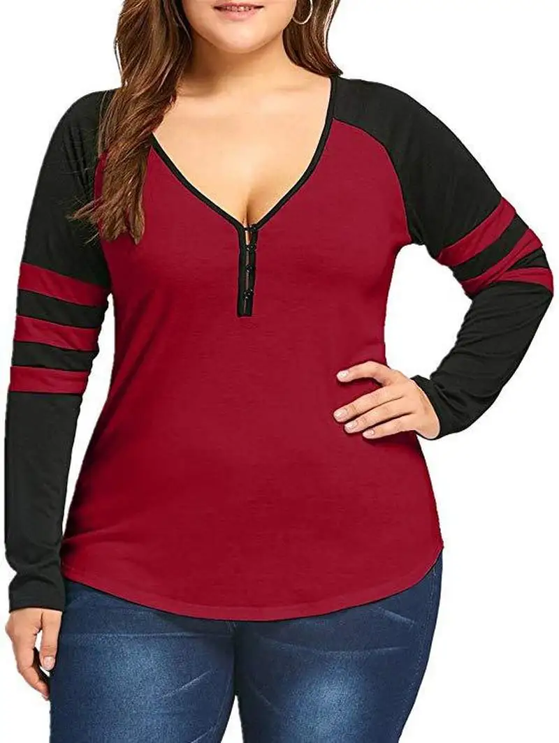 

Casual Plus Size Women Tops And Fashion T Shirt Long Sleeve V Neck Button Female T-Shirt Autumn Striped Large Size Women Tshirt
