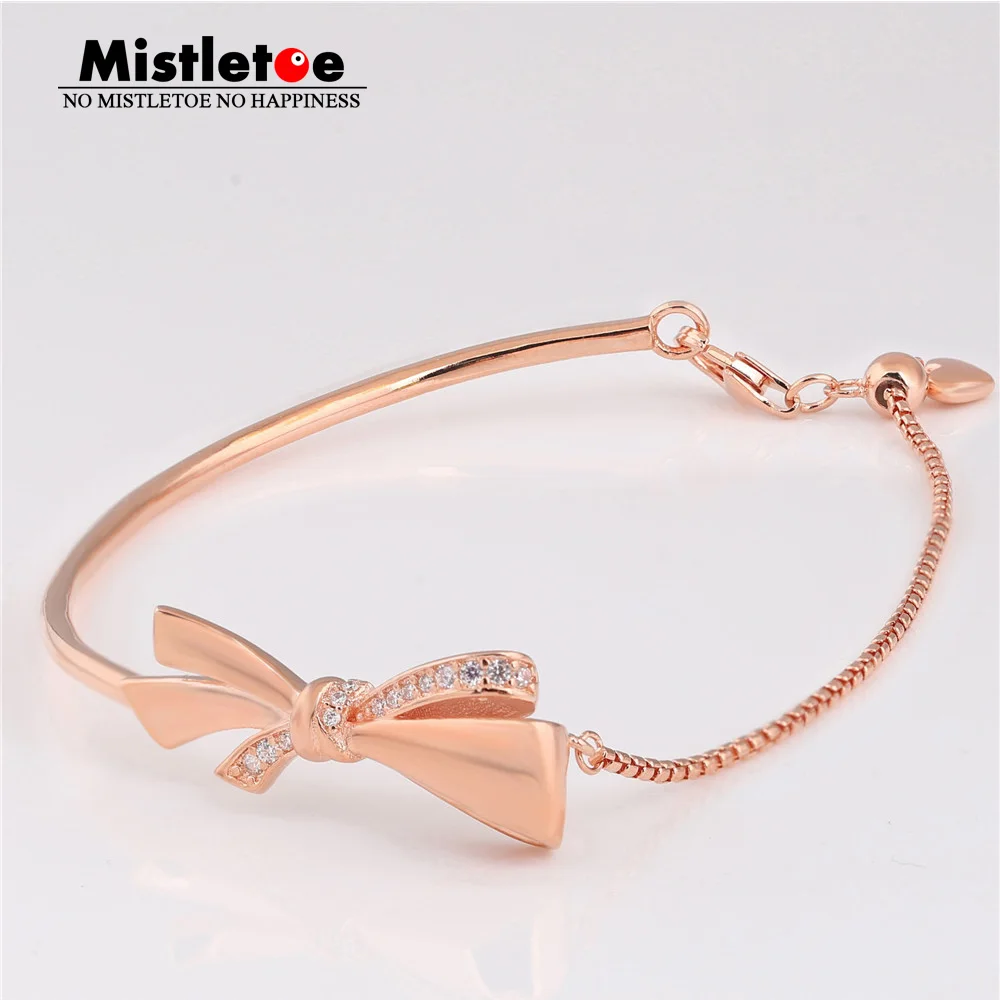 Серебряный Блестящий бант-браслет с 925 пробы омелой, прозрачный фианит