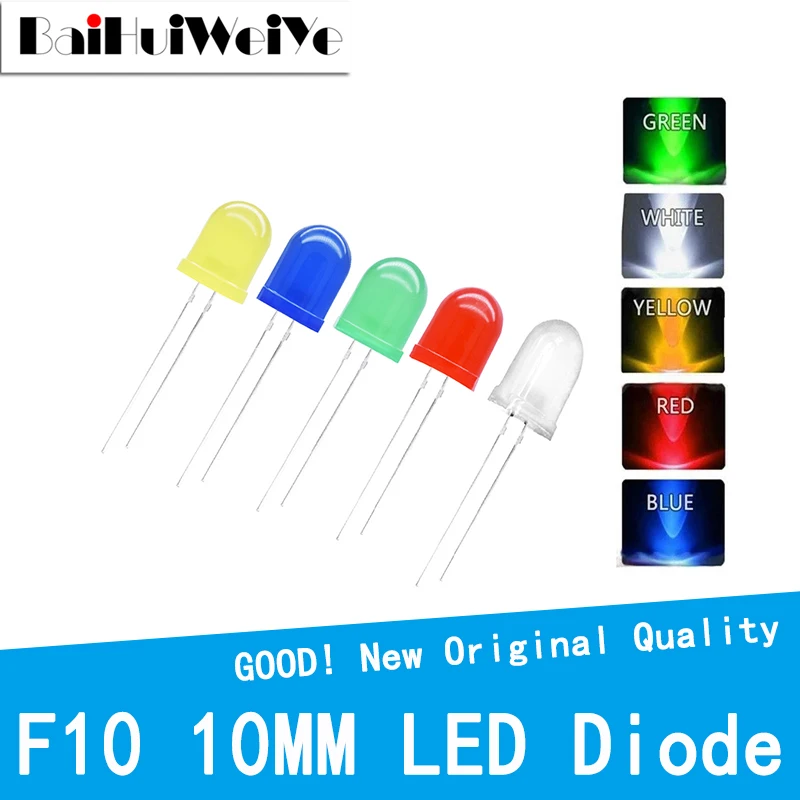 DIP LED 플러그 인 전구 모듬, 녹색, 빨간색, 노란색, 파란색, 흰색, 매우 밝은 품질, 구슬 발광 다이오드, F10, 10mm, 5 색, 10 개 