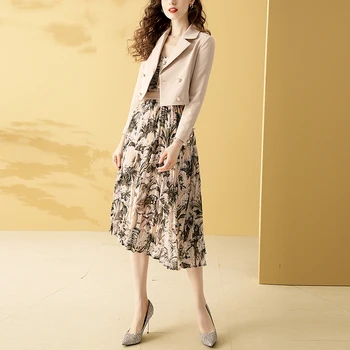 

Gedivoen Fashion Designer Spring Autumn Set Women Solid Long Sleeve Coat And Pleated Print Dress 2 Two Pieces Set Elegant Sets