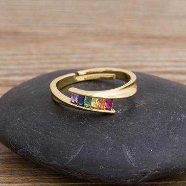 Fashion 12 Styles Multi-layer Wide Rainbow Crystal Rings for Women Adjustable Copper CZ Opening Geometric Ring Jewelry