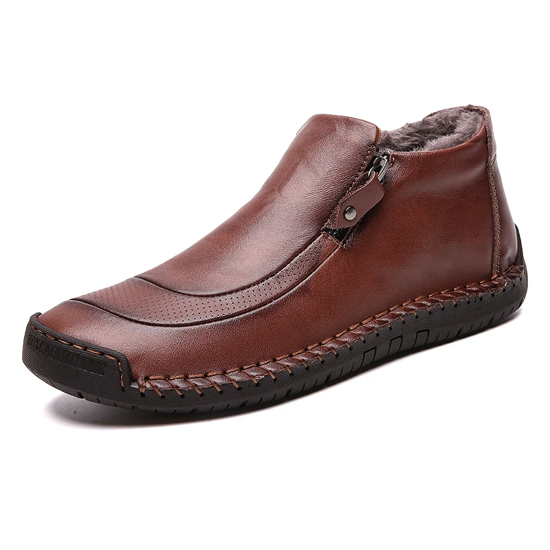 Лидер продаж; зимние мужские ботинки на меху; Ботильоны на молнии сбоку; водонепроницаемая обувь; мужская повседневная мужская обувь из спилка; Новинка; большие размеры - Цвет: Fur Red brown