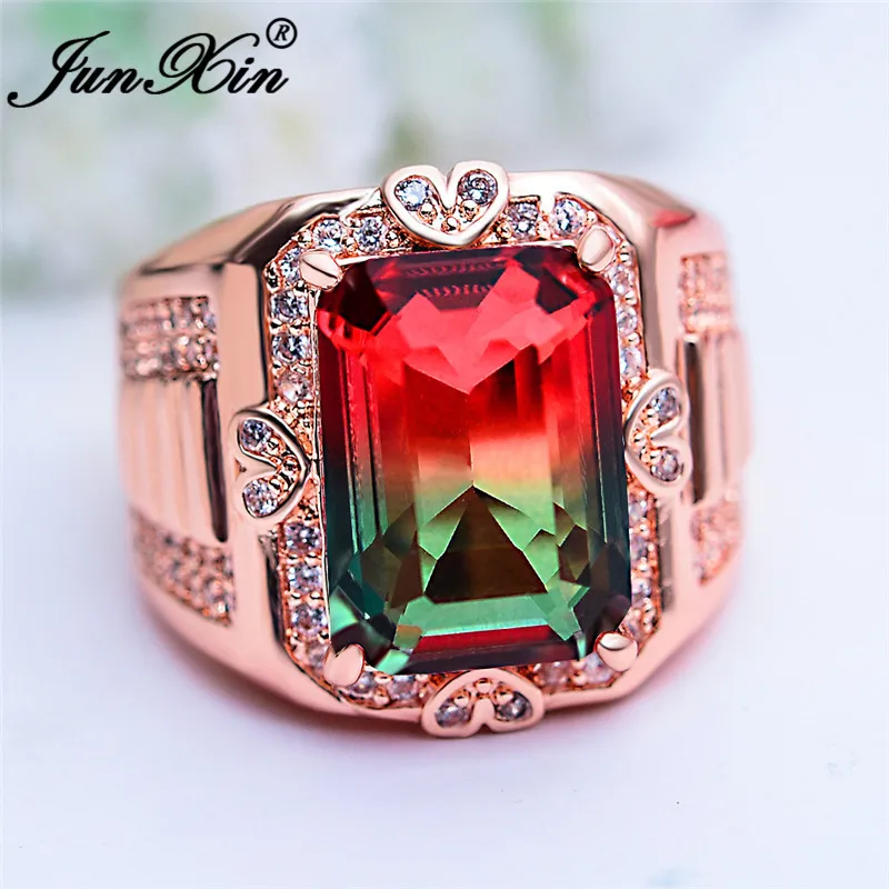 Red Green Ring Женский Мужской геометрический Кристалл Радужный камень кольца для мужчин и женщин розовое золото кольцо прямоугольник Циркон Обручальное кольцо обещают ювелирные изделия - Цвет основного камня: Red Green Ring