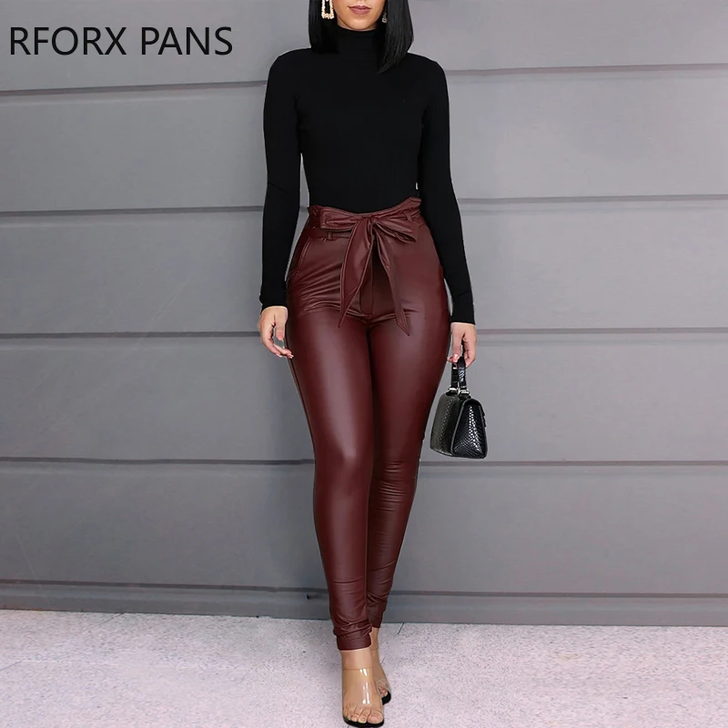 

Paperbag Waist Faux Leather Pants Women Pants
