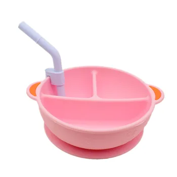 

Tableware With Straw Non Slip Suction Toddler 3 Compartments Dinner Baby Bowl Cute Panda Soft Silicone Safe Food Dish Training