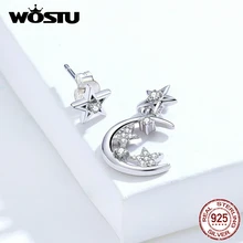 WOSTU, настоящее 925 пробы, серебряные, блестящие, звезда, луна, серьги-гвоздики для женщин, свадебные, циркон, маленькие серьги, модное ювелирное изделие, FIE813