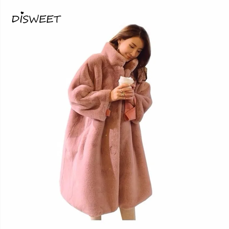 DISWEET, Корейская версия, искусственный мех, свободная куртка, для женщин, Harajuku, одноцветные, плюшевые пальто, для девушек, длинная секция,, зимняя, толстая, теплая куртка