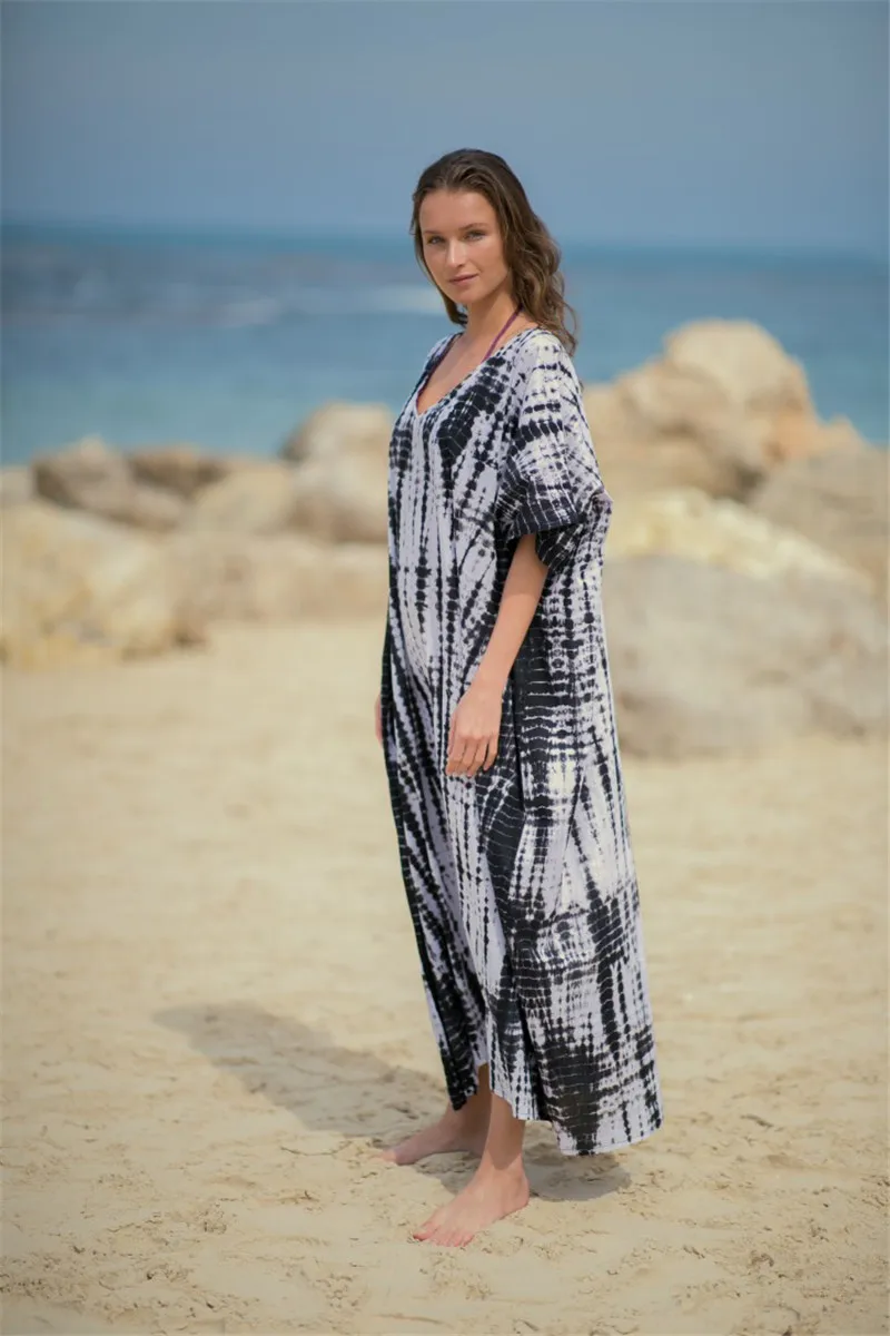 Loose Black White Summer Women Beachwear Kaftan Bikini Cover-ups Beach Dress Cotton Tunic Swim Wear Cover Up Robe De Plage