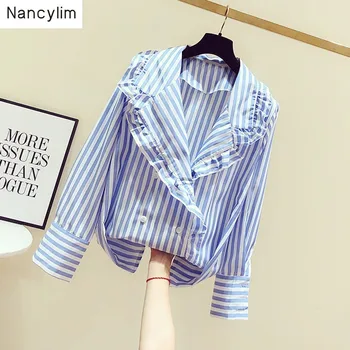 

Autumn Women New Stripe Shirt Long Sleeve Double-row Button Striped Shirts Ladies Casual Blouse Jacket Tops Student