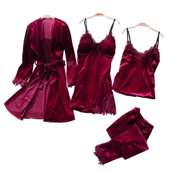 

Women Long Sleeve Autumn Spaghetti Strap Sleepwear Adult 4pcs Nightgowns Solid