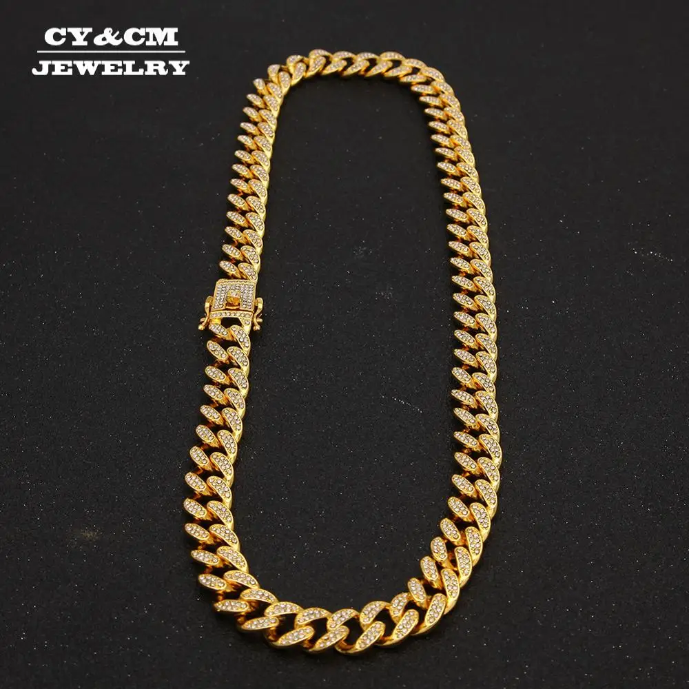 Ожерелье-цепочка в стиле хип-хоп, 13 мм., со льдом, в стиле "Майями". Мужские золотые и серебряные стразы с застежкой