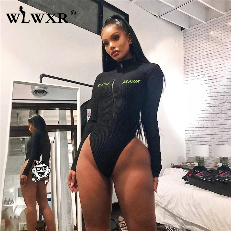 WLWXR с буквенным принтом, фитнес-сетка, сексуальный черный боди, женский топ с эластичной молнией, боди с длинным рукавом, женский комбинезон, Облегающий комбинезон