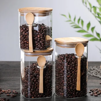 

Airtight Food Storage Jar Glass Coffee Bean Spice Sugar Flour Jars Containers with Lids and Wooden Spoon UD88