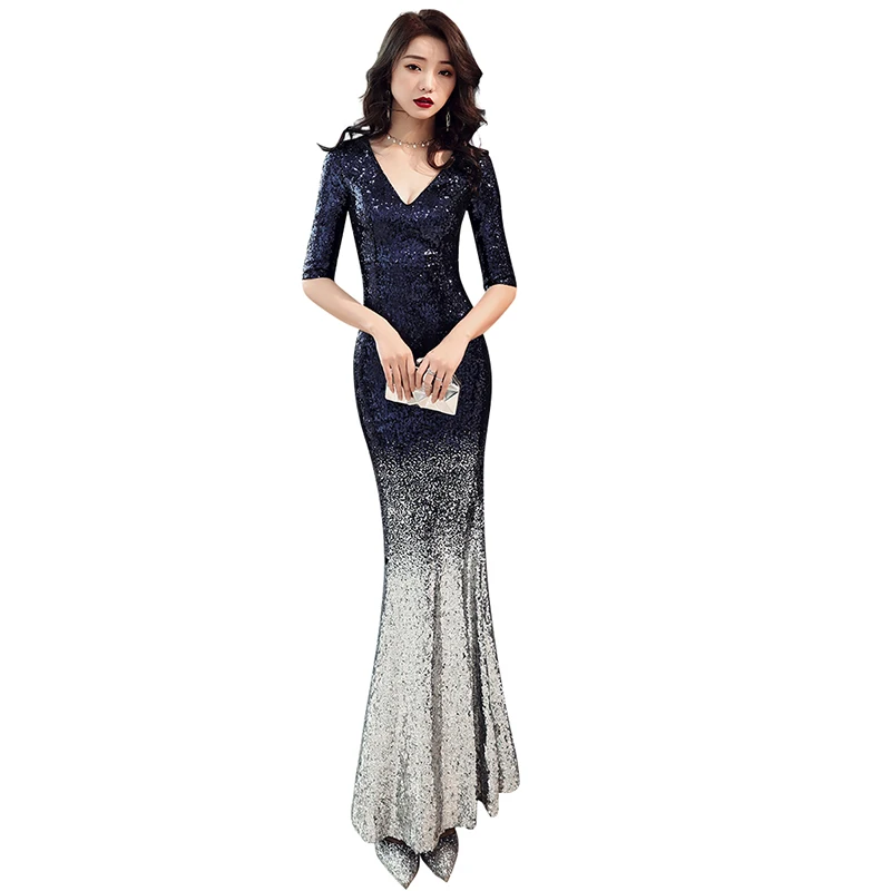

Evening Dress Half-sleeve Floor-length Women Party Dresses 2019 Zipper Elegant Robe De Soiree V-neck Sequin Formal Gowns F127