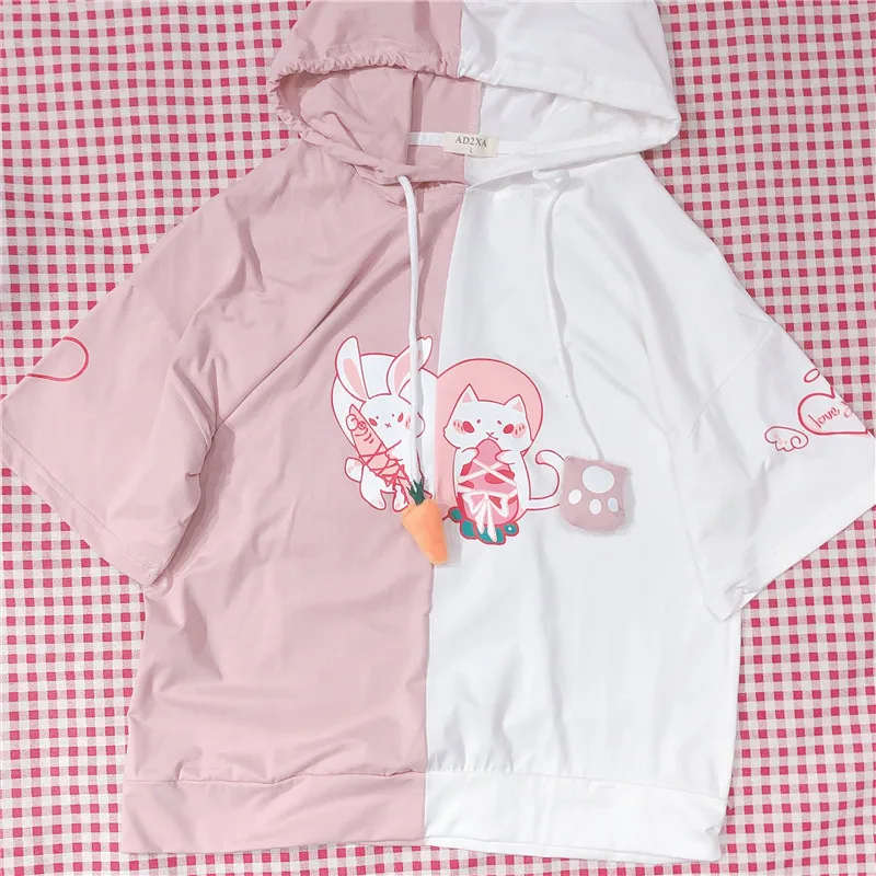 Красивая девочка Mori мультфильм с капюшоном футболки для женщин Kawaii Кролик кошка печати короткий рукав пуловер для подростков девочек студенческие повседневные топы 2 вида цветов