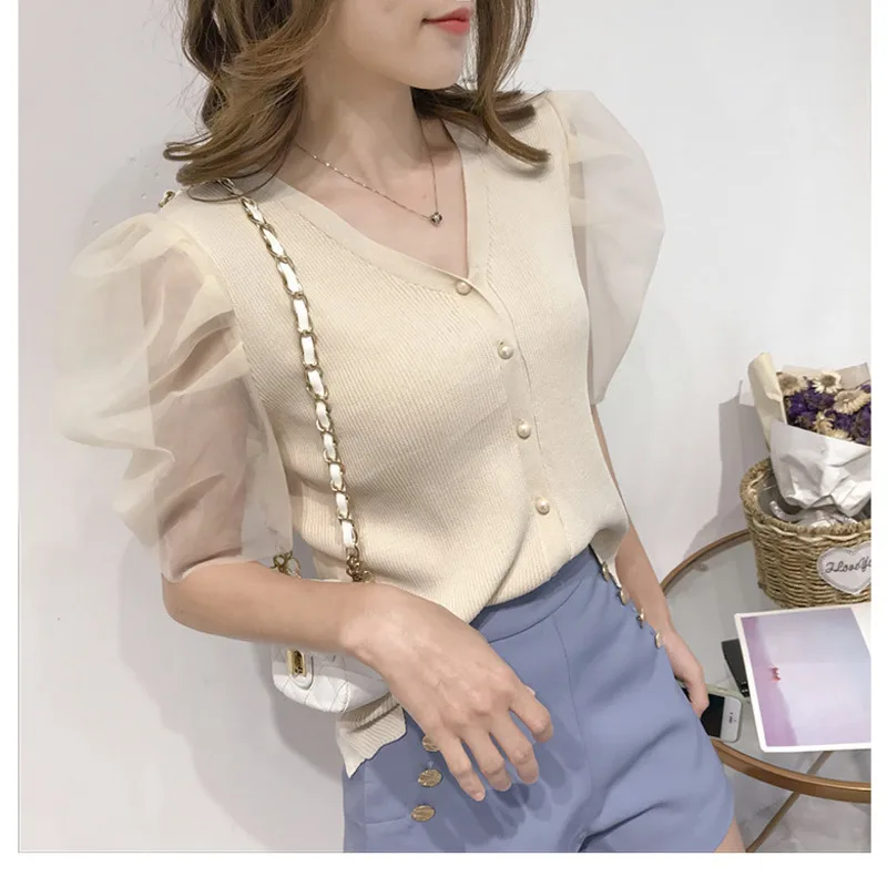 

Fall 2020 Blouse Women Shirt New Ladies Mesh Stitching Bubble Sleeve Sweater Tops Shirt V-neck Short Sleeve Women's Blouse