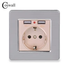 Coswall, двойной usb порт для зарядки, 5 В, 2,1 А, светодиодный индикатор, 16А, настенная розетка европейского стандарта, панель из нержавеющей стали, золотой, серый, черный, белый