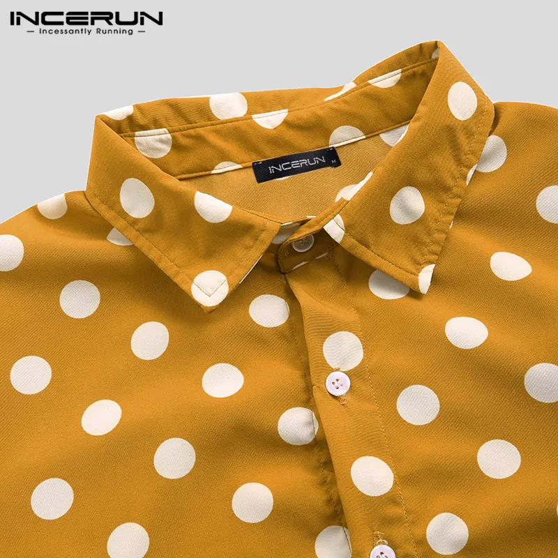 INCERUN/Осенняя деловая рубашка в горошек для мужчин, повседневная брендовая блуза с длинными рукавами и лацканами на пуговицах, модные мужские рубашки для мужчин