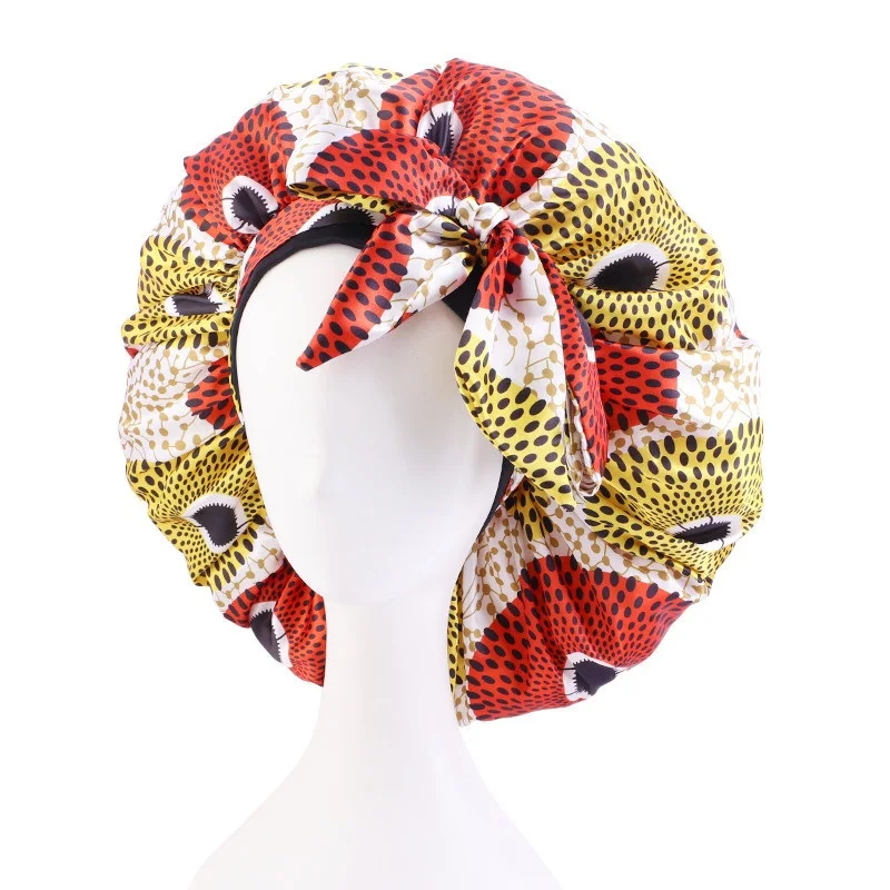 Extra Large African Pattern Print Satin Bonnet Women Night Sleep Cap Adjustable Wide Band Elastic Head Wrap Hair Bonnet Hat