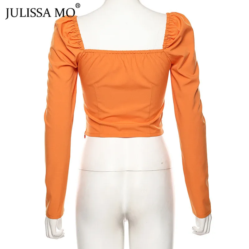 Julissa mo сексуальные женские блузки с v-образным вырезом рубашка осень квадратный воротник с длинным рукавом Тонкая футболка женская уличная одежда с открытой спиной Blusas Mujer
