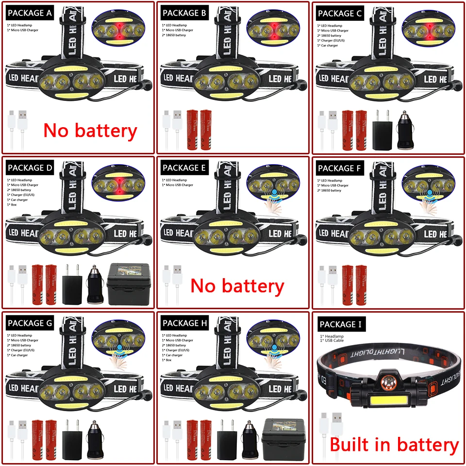 40000 люменов, сенсорный переключатель, супер яркий светодиодный налобный фонарь, 4 x T6+ 2* COB, 2 x красный налобный фонарь, 7 режимов освещения с батареями, Головной фонарь